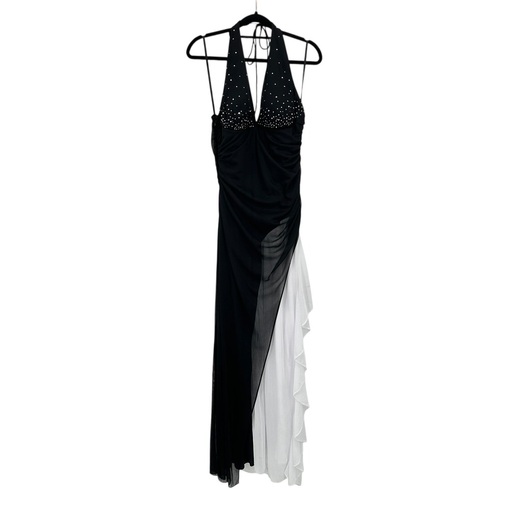Blondie Nites Black White Gown Womens 13 Halter Maxi Dress Rhinestone Y2K